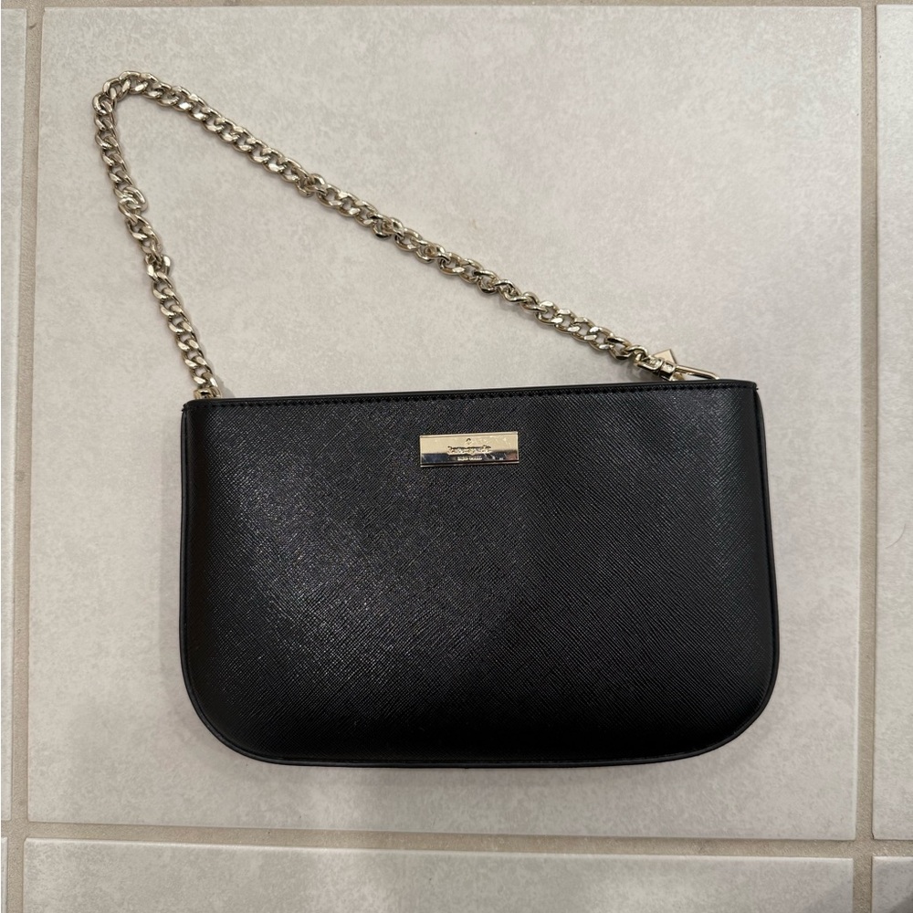 Kate Spade Black Leather Wristlet with Gold Chain